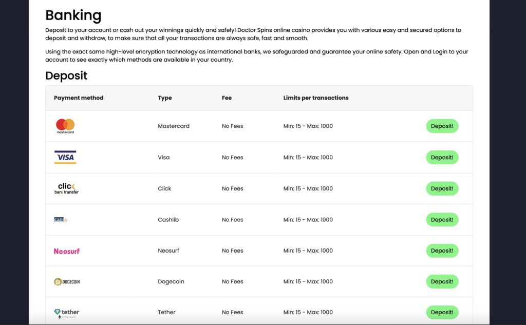 Doctor Spins banking options