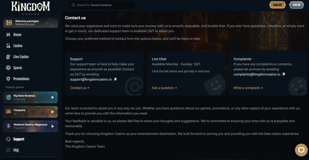 Kingdom Casino contact information.