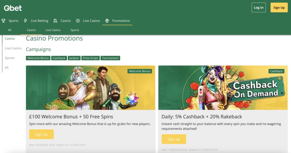 Qbet promotions page