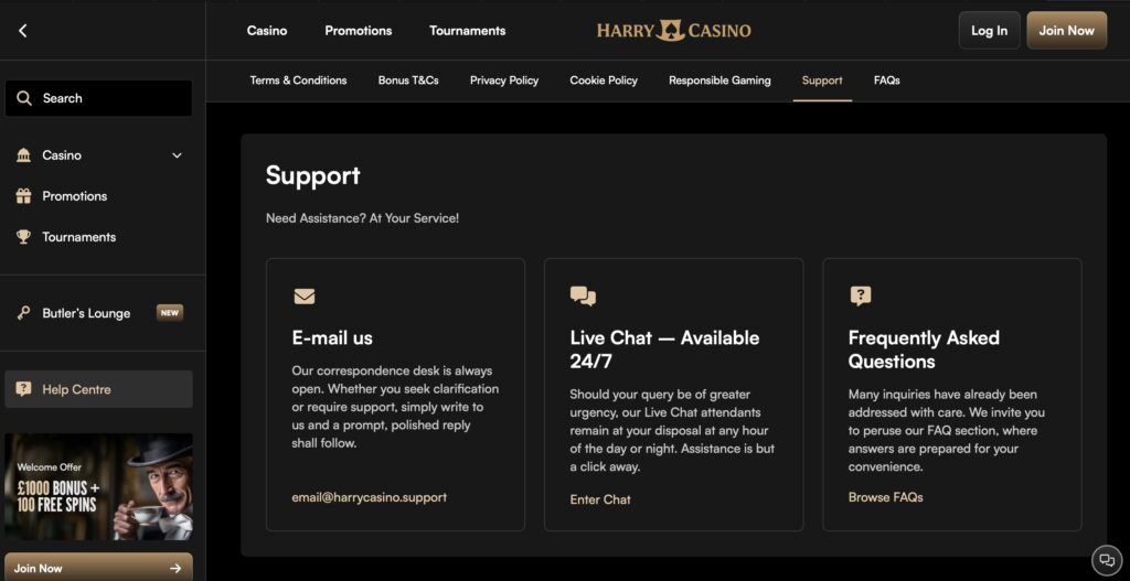 Harry casino customer support options